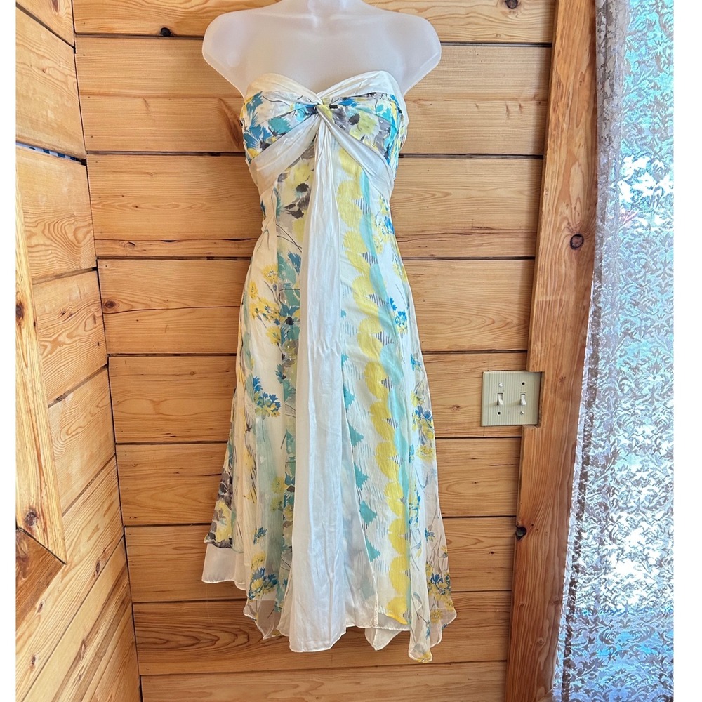 Monsoon Silk Strapless Floral Midi Dress Metallic Iridescent Boned Bodice 16 44